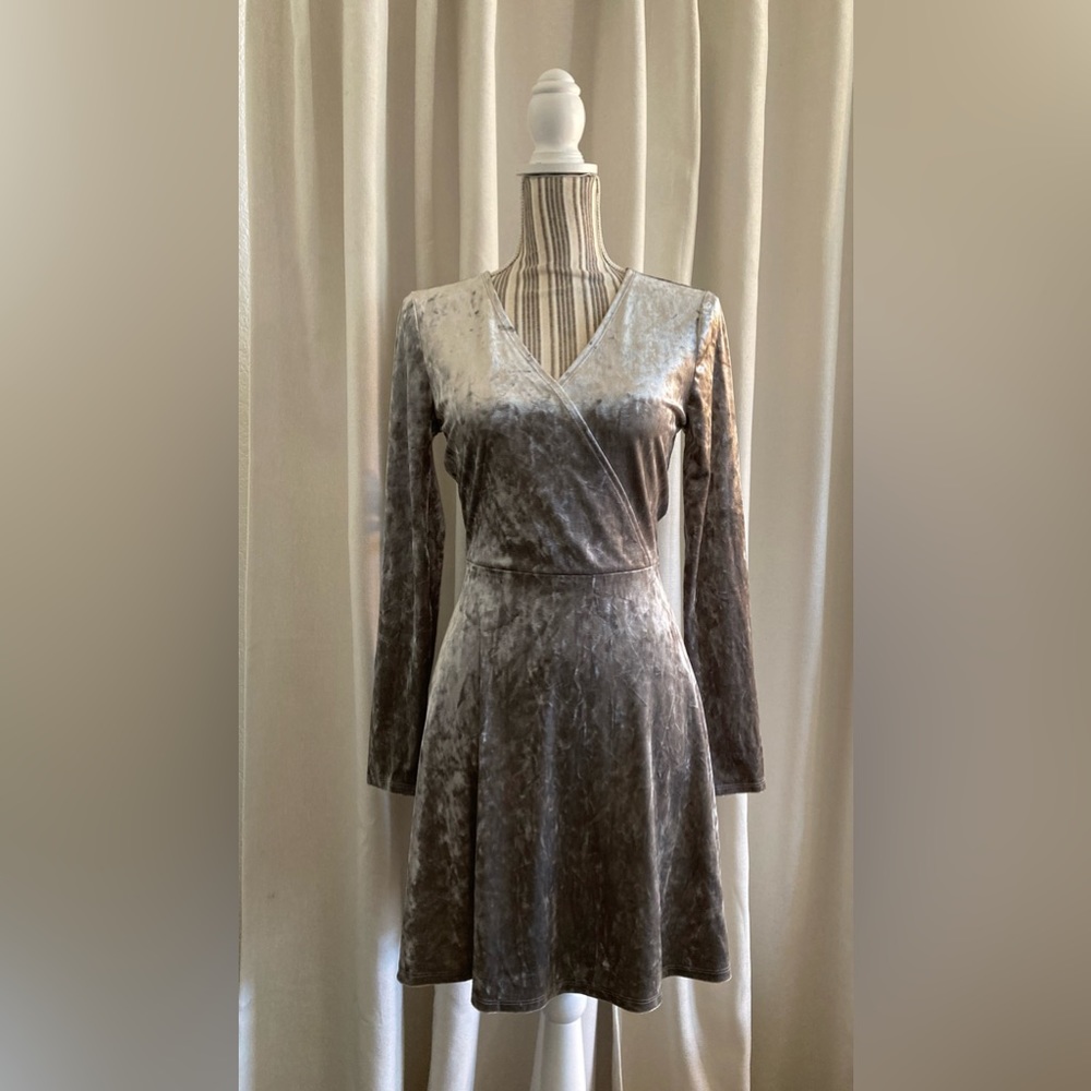 Silver grey velvet wrap dress long sleeve dress